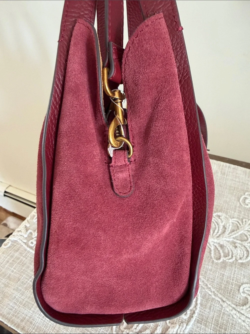 American Leather Co Auburn Suede w/Leather Strap/Handles & Trim Satchel.